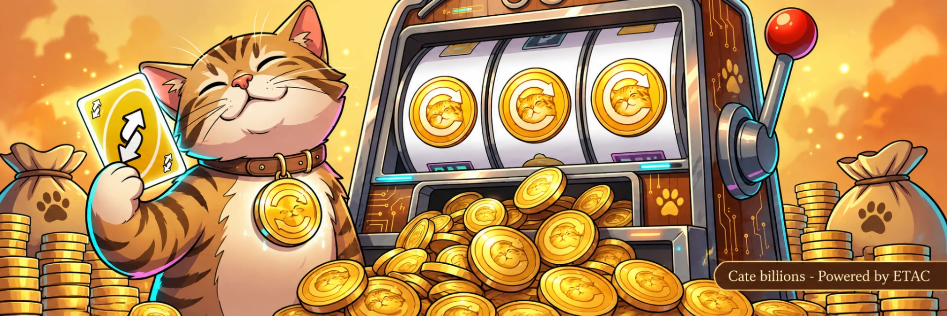 Cartoon tabby cat holding a reverse card beside a golden slot machine overflowing with $CATE cat coins