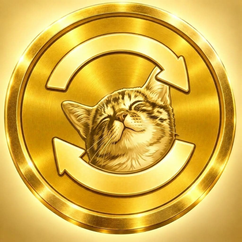 Gold coin engraved with a smiling cat and a circular arrow loop