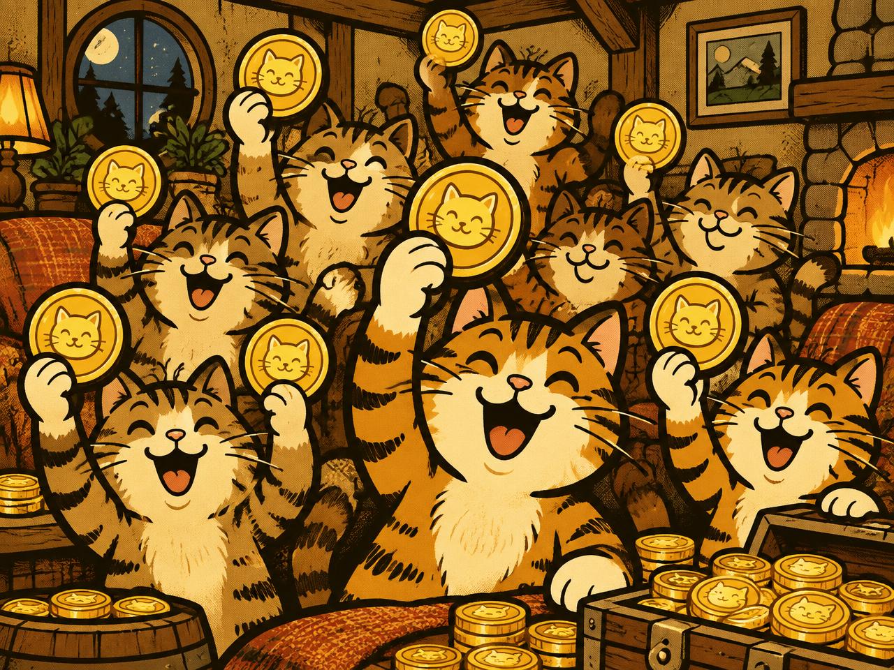 Crowd of cheering cartoon cats in a cosy den holding up gold cat coins